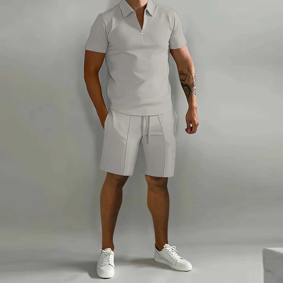 Mens suit solid color polo shirt lapel vertical strip pants short sleeve shorts sports casual loose fashion mens wearXJ250218