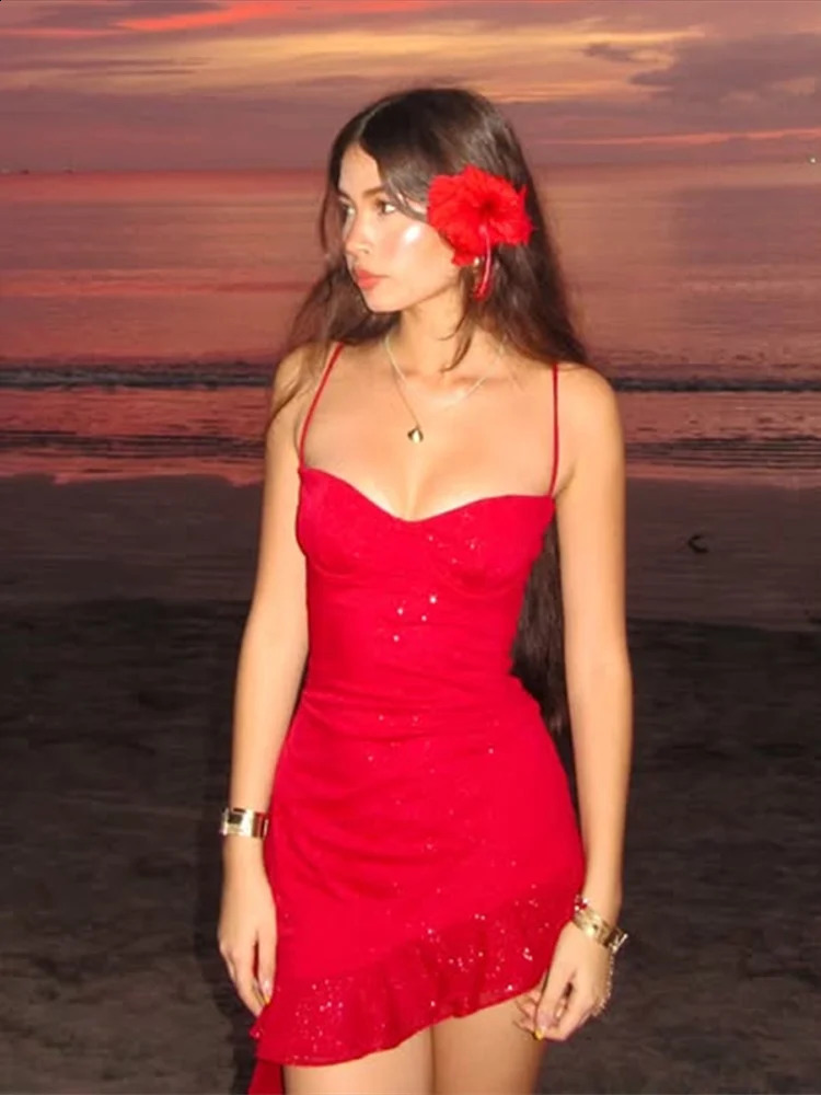 Sexy Sequin Ruffles Sling Mini Dress Women Slim Sleeveless Backless Party Dresses 2025 Spring Summer Shiny Beach Vacation Robe 250218