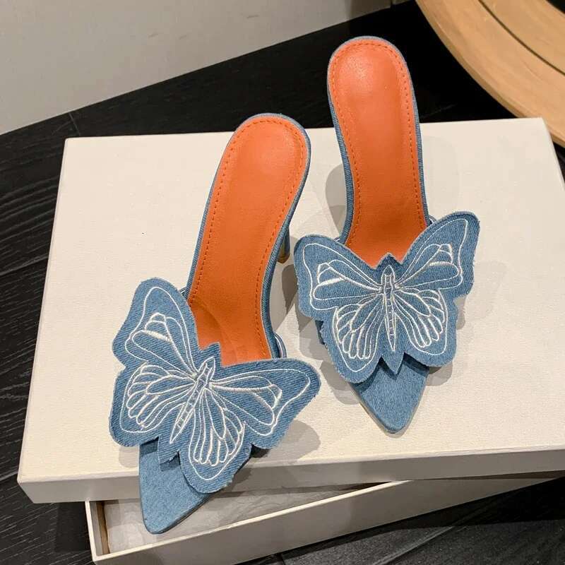 Sexy Denim Butterfly wer Thin Heels Slipper Women Summer Fashion Pointed Toe Slides Stripper Party Mule Shoes