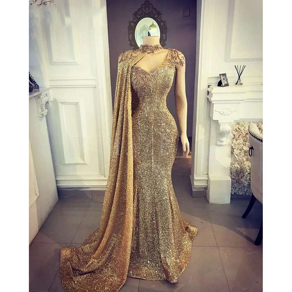 One Shoulder Gold Evening Dress Long Mermaid Sparkly Sequin Beads with Shawl Formal Prom Party Gown Special Ocns Customized