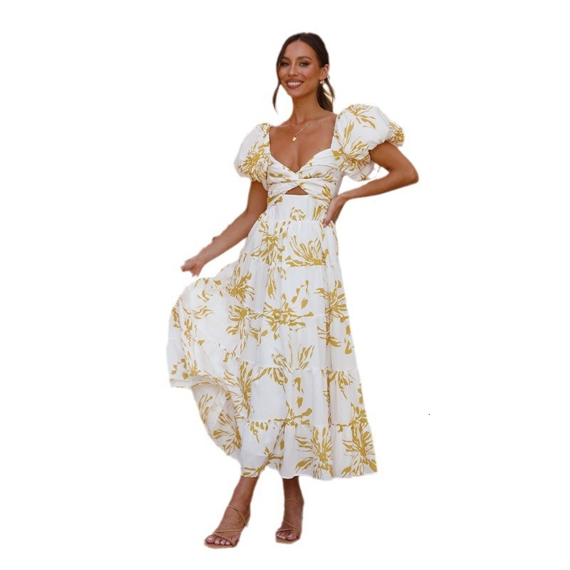 europe and america 2024 spring/summer new style slim fit printed bubble sleeves large hem high end dress for women