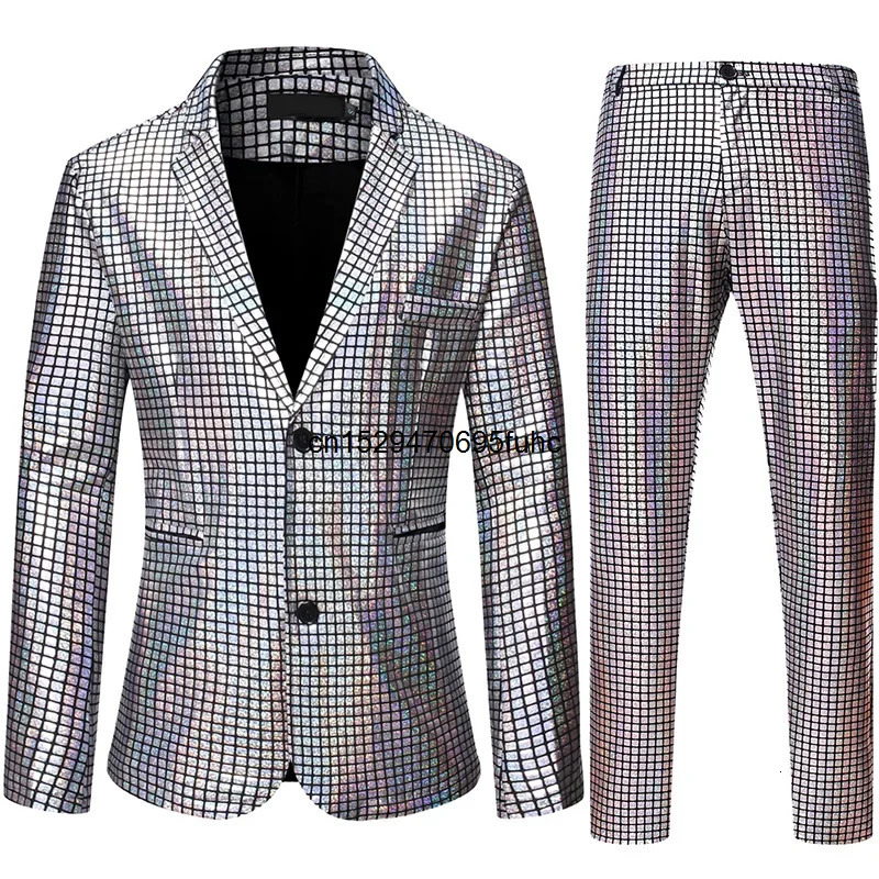 Mens Stage Prom Suits Shiny Rainbow Plaid Sequin Jacket Pants Men Dance Festival Christmas Halloween Party Costume Men 250213