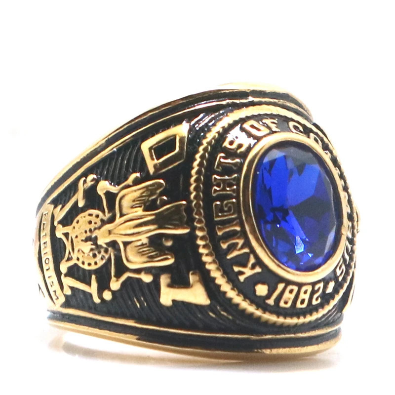 Unisex 316L Stainless Steel K of C Christianity Catholicism Blue Stone Gold-Color Ring Since 1882 250213