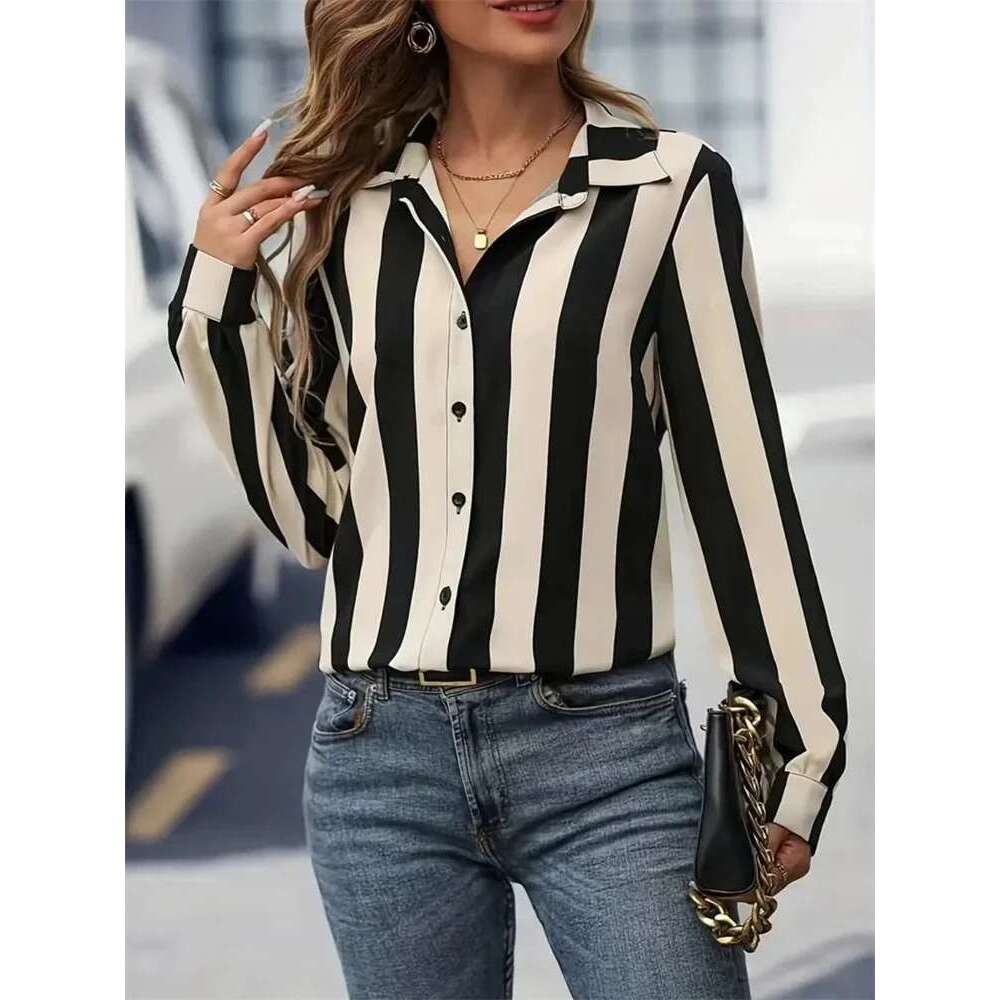 Women Spring Autumn Style Blouses Shirts Lady Casual Long Sleeve Turn-Down Collar Striped Printed Blouse Top