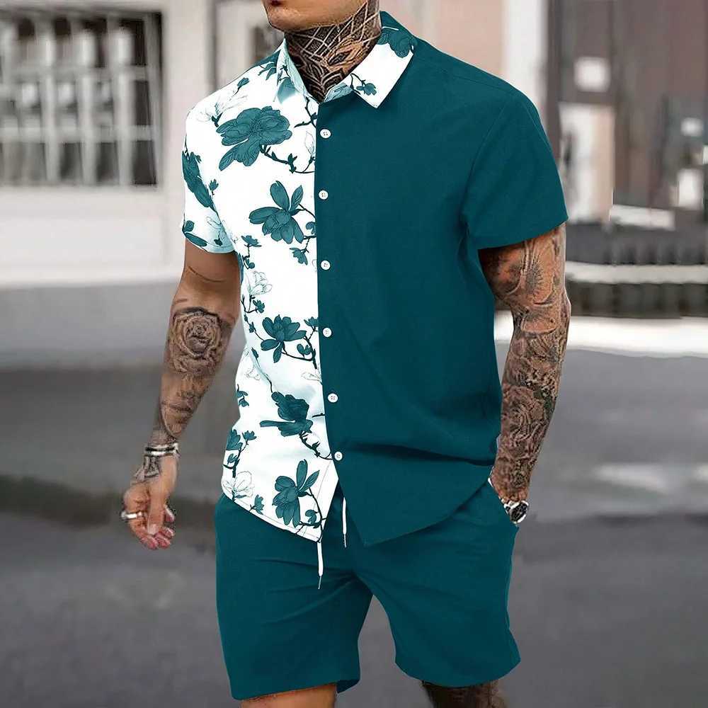 Mens 2 Piece Hawaiian Outfits Short Sleeve Button Down Shirts And Shorts Set Beach Tracksuits New Patchwork Colors Lapel ShirtXJ250218