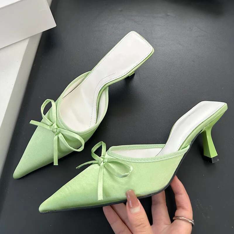 2025 Spring New Butterfly-knot Women Slipper Pointed Toe Slip On Ladies Mules Thin Low Heel Sandal Shoes atos Mujer