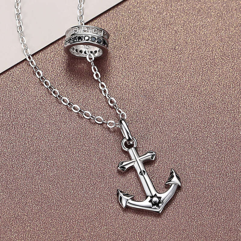 Ship Anchor Sterg Sier Necklace Hip Hop Caribbean Pirate Cross Chain Men's Trendy Tag Pendant