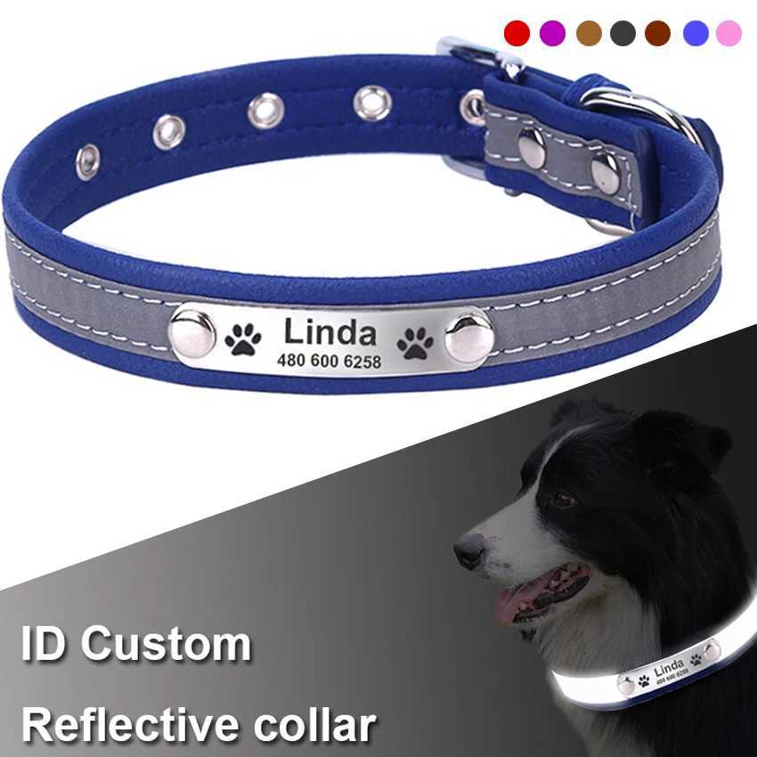 Reflective Personalized Dog Collar Leather Resistance bite Puppy Cat Collar ID Collar Engrave Name Phone Number Puppy NameplateXJ250218