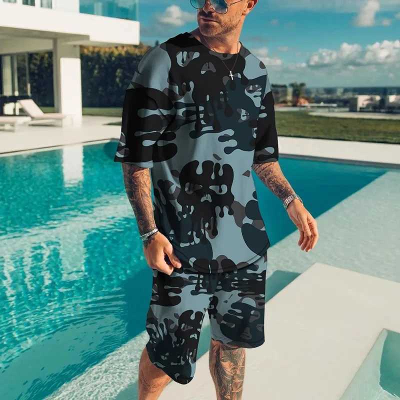 Mens T-shirt Sets 3D Print Camouflage Tracksuit T Shirts Shorts 2 Pieces New Streetwear Oversized Suits Sportswear Man ClothingXJ250218