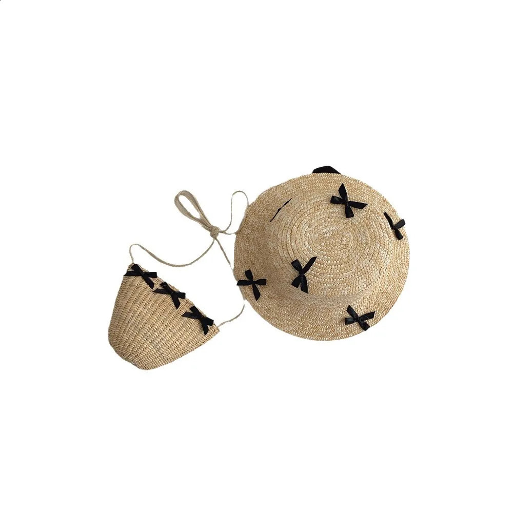Summer Childrens Sun Hat Bag Printed Bow Girls Panama Hat Childrens Sun Protection Beach Straw Hat Bag 250219