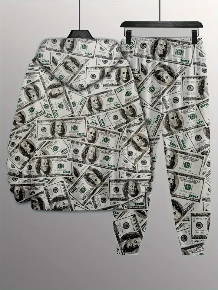 Dollar Pattern Printed Top Two Piece Mens Hooded Sweatshirt Banknote Printed Casual Hoodie Casual Fashion Sweatpants 250218