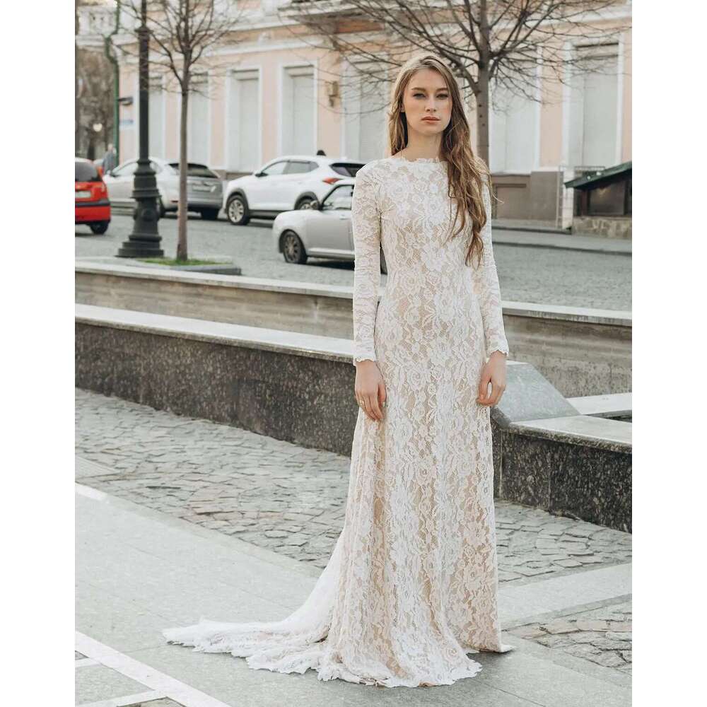 Vintage A E Wedding Dresses Long Sleeve High Neck Backless Appliques Lace Sweep Train Vestido De Noiva Customized 6660311