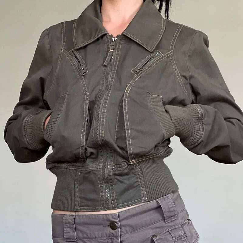Retro Zipper Workwear Jacket Shortened Waist Flip Collar Patchwork Pocket Women's Clothing Standard Thickness NoEnName_Null