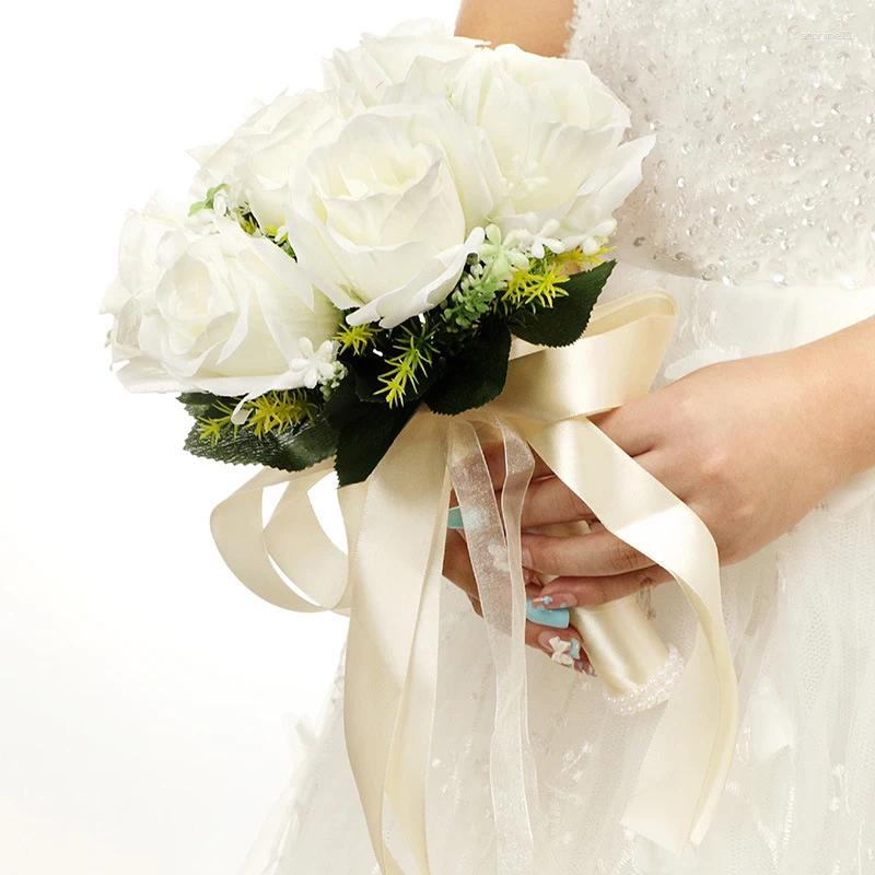Update Decorative Flowers Silk Wedding Bouquets Holding Artificial Natural Rose Bouquet White Champagne Bridesmaid Bridal Party