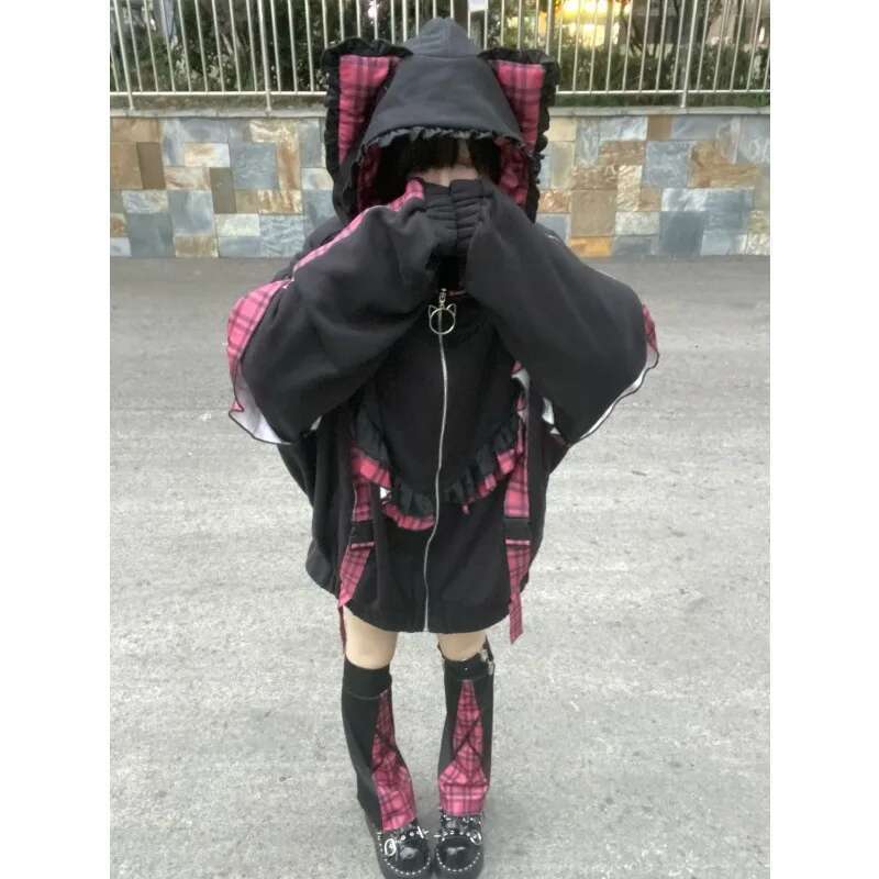 Japanese Haruku Thicked Sweet Cat Ear Y2k Zipper Sweatshirt Women Gothic Aesthetics Cute Autumn Winter Jacket