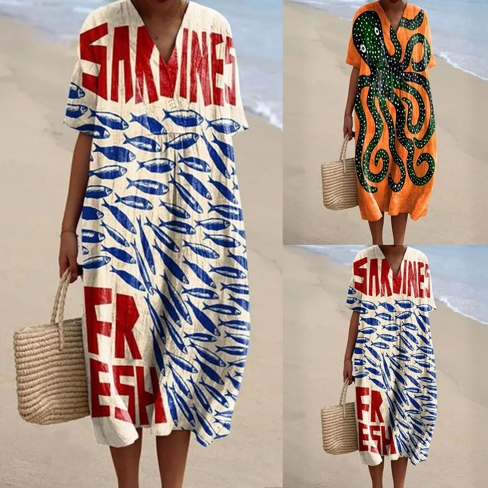 WomenS Vintage Ocean Fish Art Print V-Neck Half Sleeve Flowy Dress Bohemian Style Casual Loose Lady Long Dress Beach Party 250218