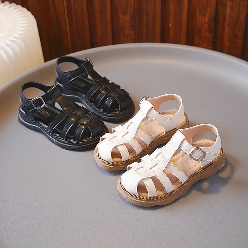 Childrens summer sandals solid color childrens girls shoulder woven style beach shoes fashionable childrens cut flat sandals 250219