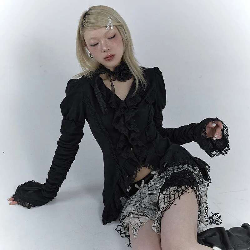 Karrcat Gothic Black Lace Dark Aesthetic Irregular Blouses Yamamoto Style Grunge Flare Sleeve V-neck Shirt Vintage Y2k Emo