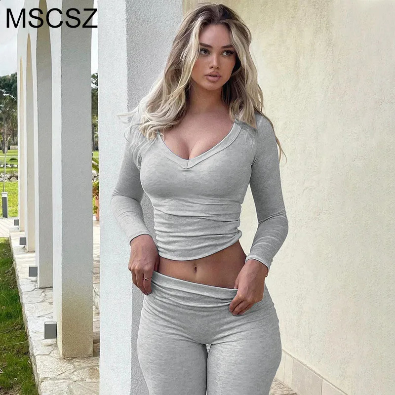 MSCSZ Long Sleeve T-shirt and Pants Set Woman Skinny Sexy Night Club Outfits High Waist Flare Pants Matching Sets 250218