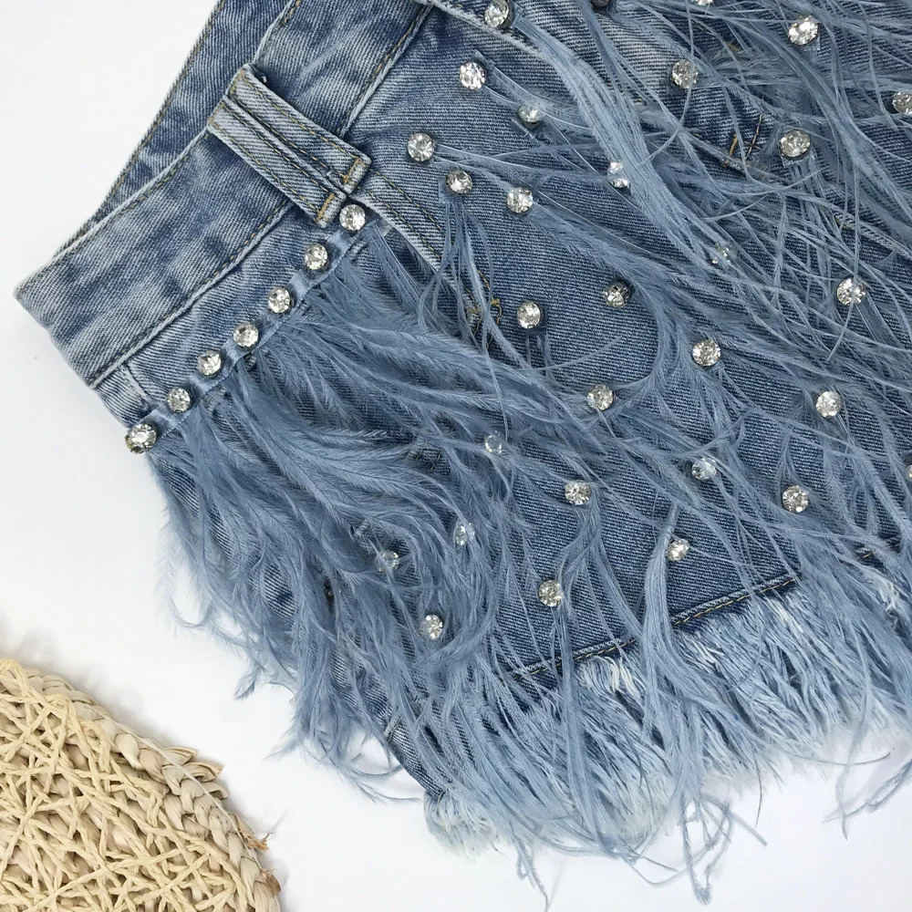 Rhinestone Beaded Exquisite Feather High Waist Denim for Womens Blue Jeans Shorts DS Nightclub Sexy Pants Fashion 250217