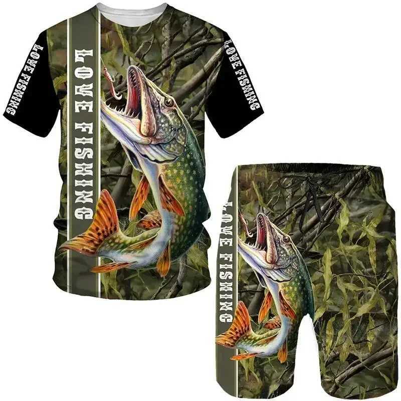 Mens Outdoor Fishing Hunting 3D Print T-shirt Shorts 2-piece Set O-neck Retro Fashion Sports Short Sleeve Pullover High-qualityXJ250218
