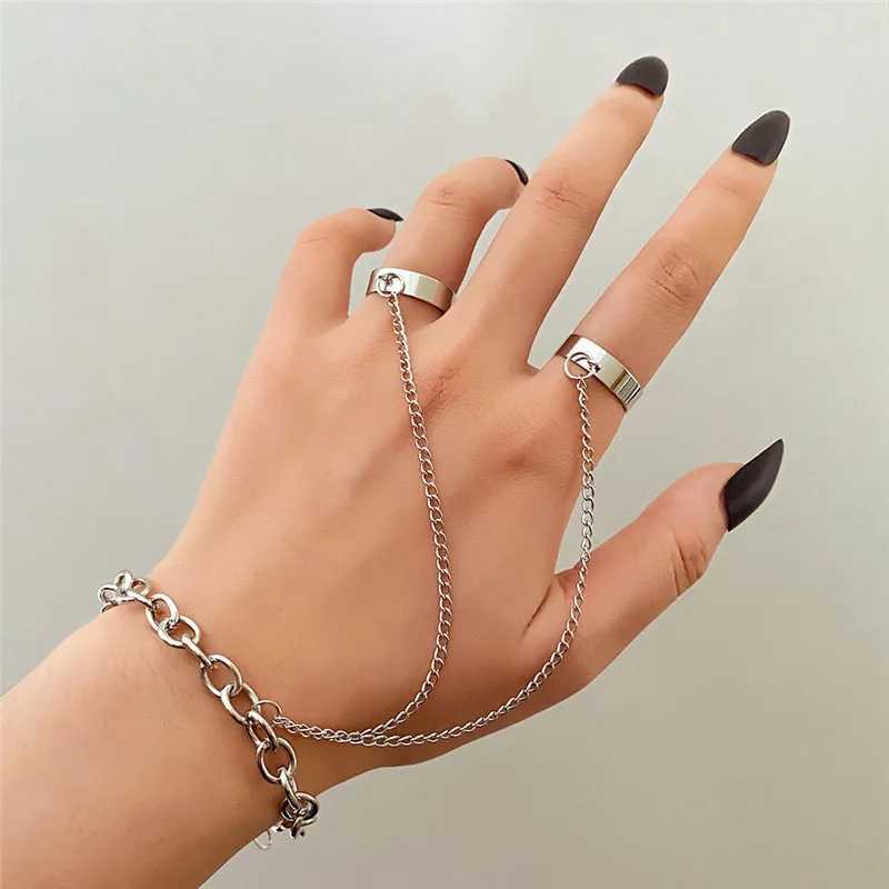 Modyle Punk Geometric Silver Color Chain Wrist Rings For Women Men Charm Hip Hop Chain Open Rings Set Couple Fashion JewelryXJ250219