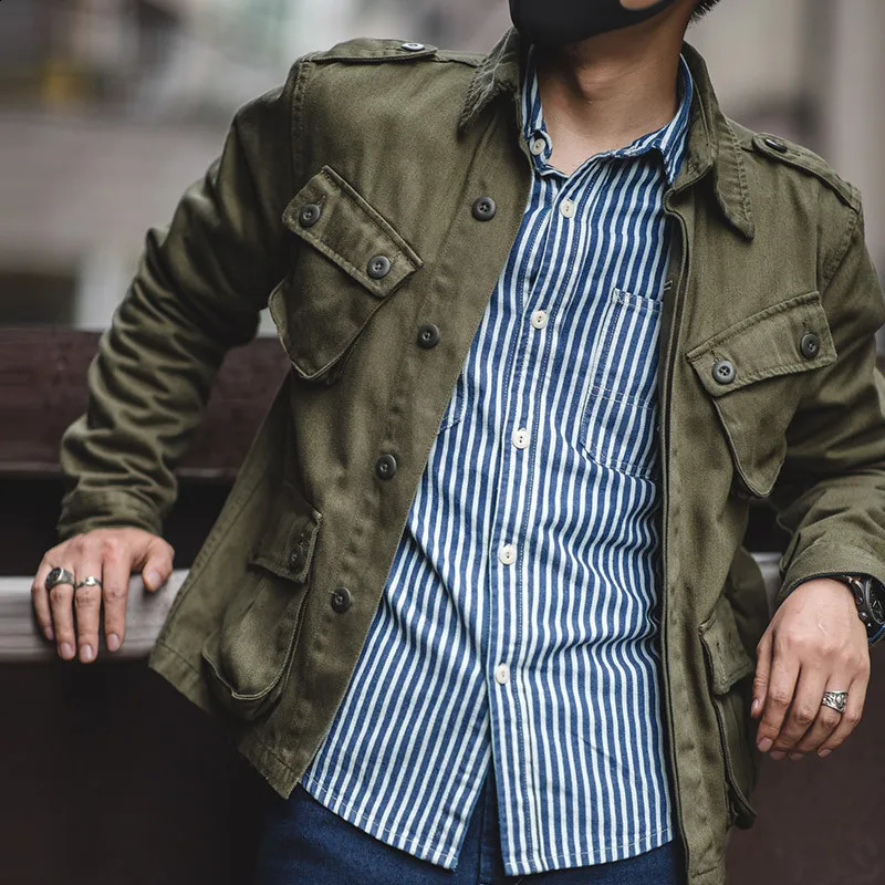 Spring and summer mens fashionable multi pocket retro workwear jacket long sleeved loose casual shirt 250214
