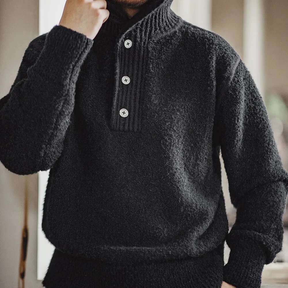 Men Heavyweight Knit Sweater 2024 Autumn Winter Long Sleeve Turn-Down Collar Loop Yarn Polo Shirt Warm Pullover Knitwear