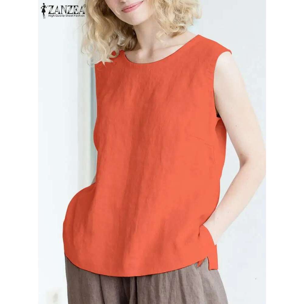ZANZEA Women's Blouse Summer Sleeveless Solid Color Cotton Shirt Femme Fashion Causal Elegant Holiday Beach Tank Tops Blusas