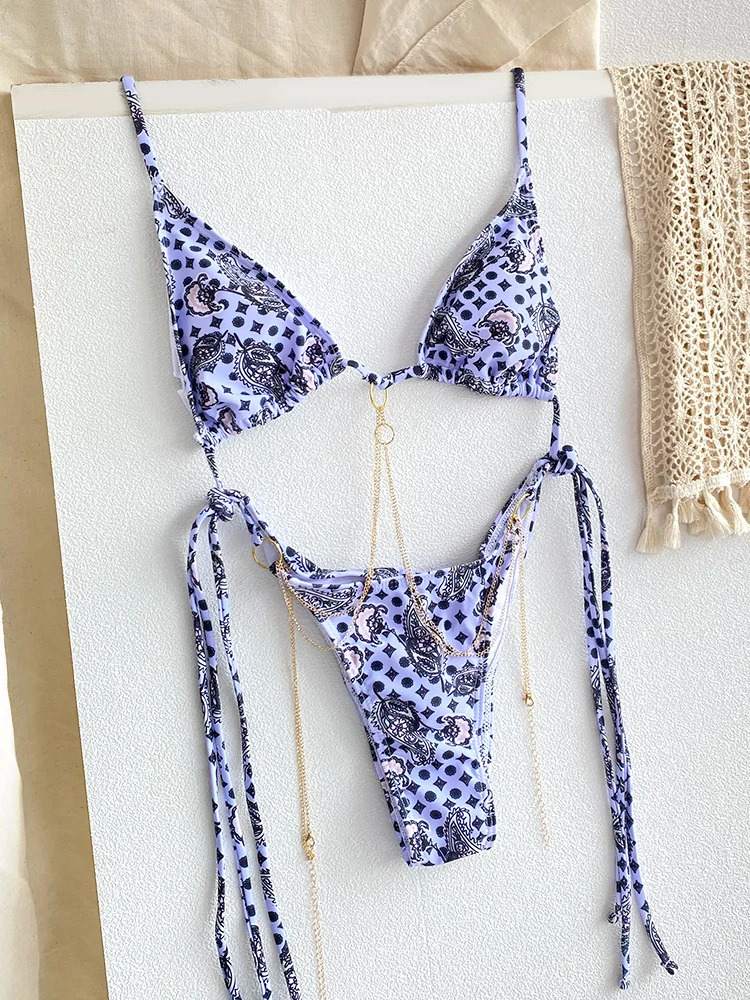 Sexy triangular chain bikini set mini thong swimsuit womens 250219