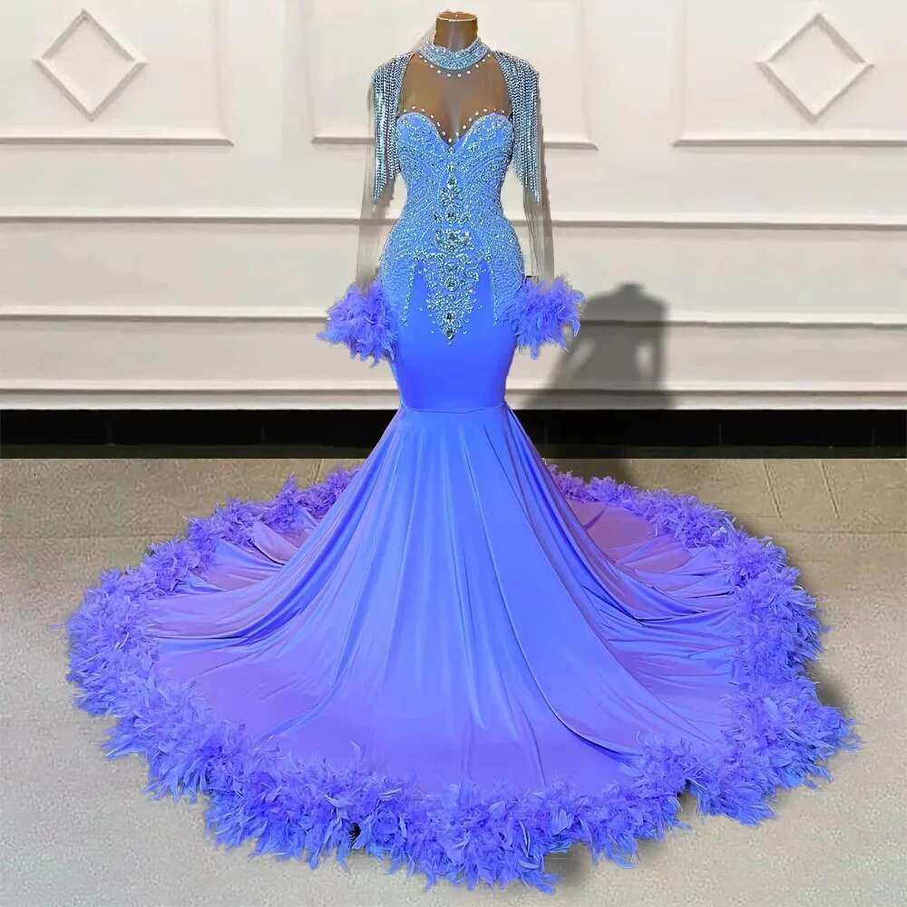 Long Sleeves Prom Black Girls Rhies Beads With Feather Formal Evening Gowns Birthday Party Gala Dresses