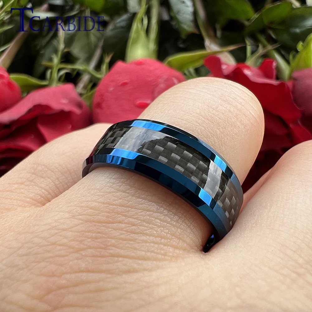 8MM Men Women Tungsten Carbide Ring With Carbon Fiber Inlay Beveled Polished Classic Gift Jewelry Comfort Fit 250218