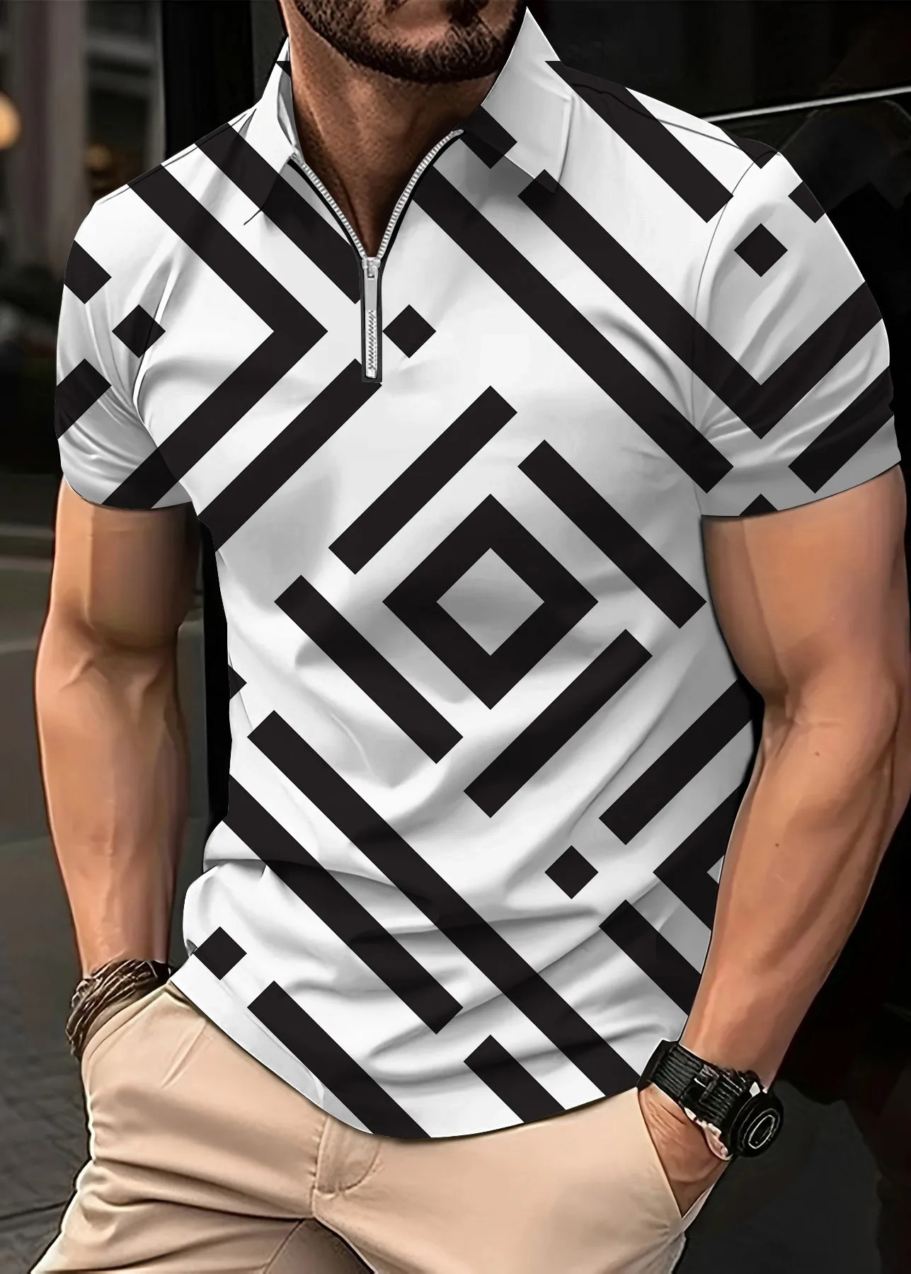 2024 Summer Mens Shirt Fashion Stripe Print Short Sleeved Flip Collar Large Casual Clothing Polo Shirts 250219
