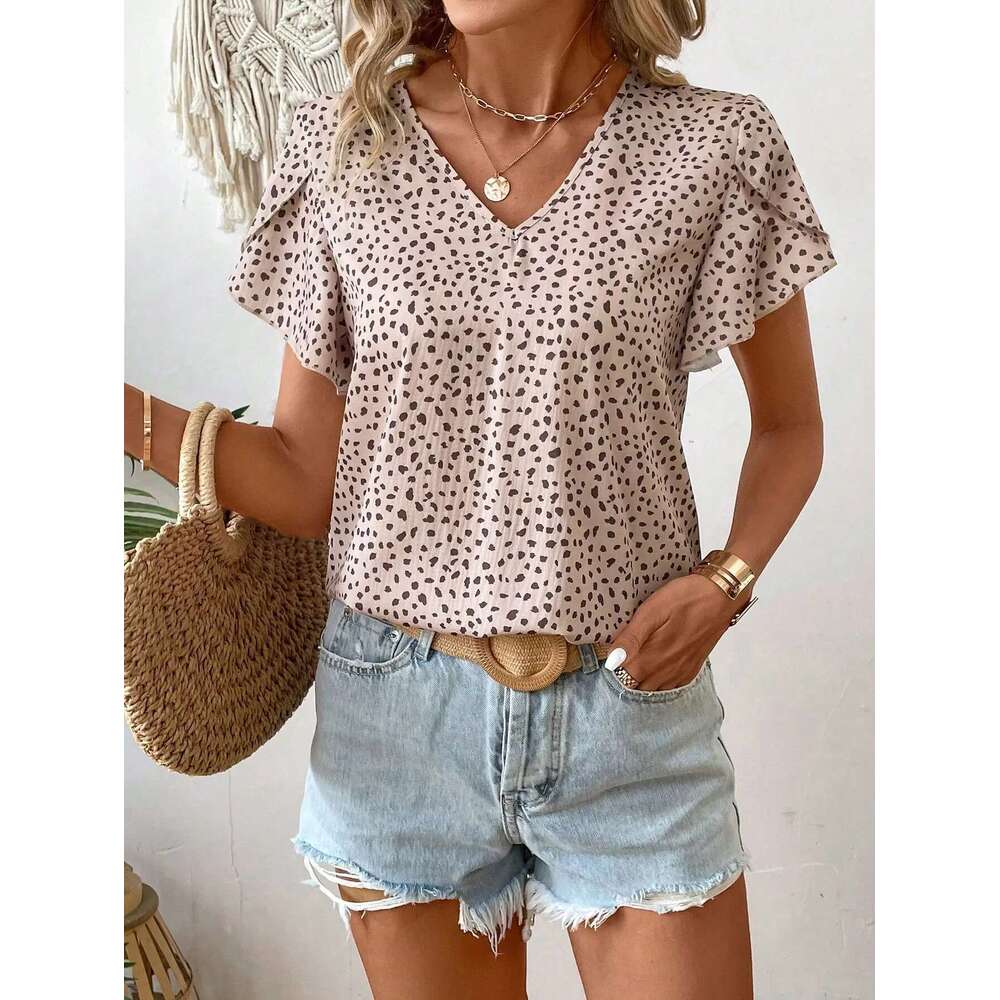 Elegant Small V-Neck Short Petal Sleeve Woven Casual Women's Shirt