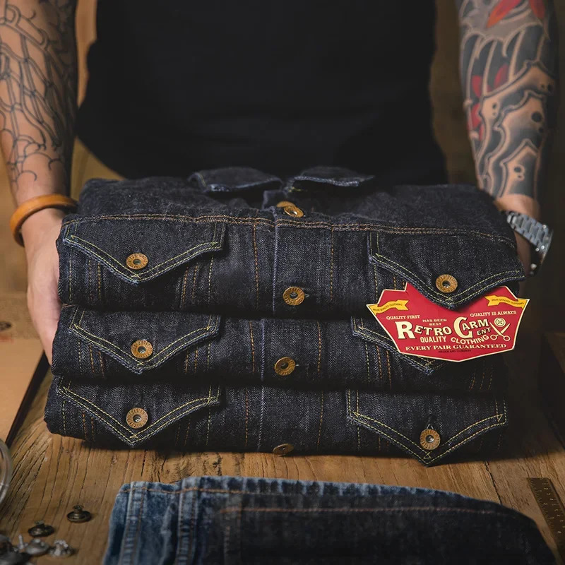 Maden Classic 148OZ Type III Jacket for Men Slimfit Denim Exposed Seam Patch Pocket n Vintage Washed Dark Blue 250214