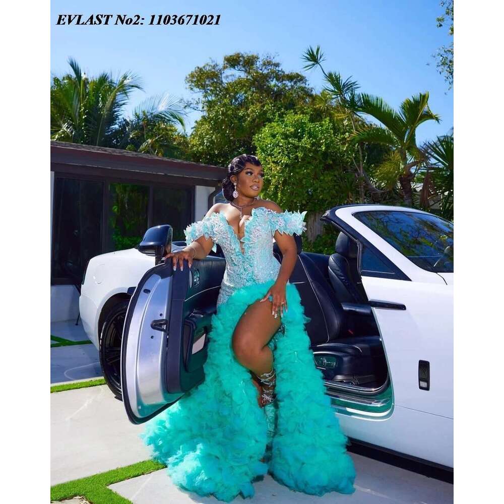 EVLAST Customized Green Ruffles Prom Dress Mermaid Dia Crystal Beaded Black Girl High Slit Evening Party Gown E2P134