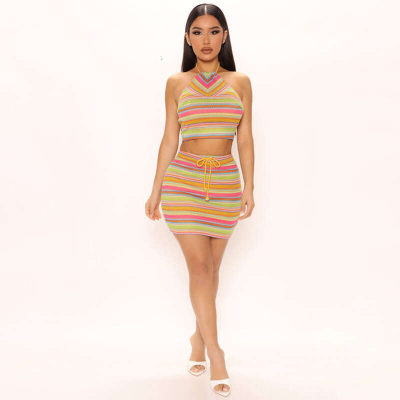 European and American style women's printed hanging neck ins tank top, hip hing skirt set, hot item, 2025 new casual versatile fashion clothing
