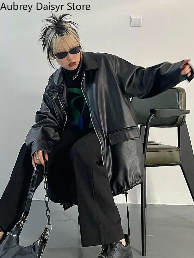 Winter Black Punk Women Streetwear Moto Biker Zipper Coat High Street Casual Vintage Leather Jacket 2023