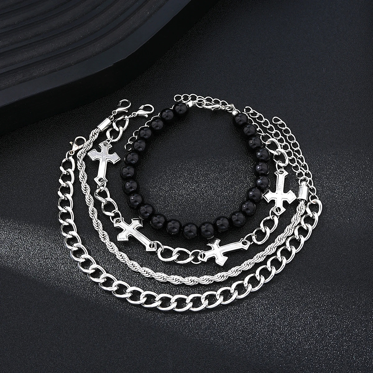 4piece stainless steel bracelet set suitable for men women punk fashionable cross bead chain simple hiphop neutral jewelry gift 250213