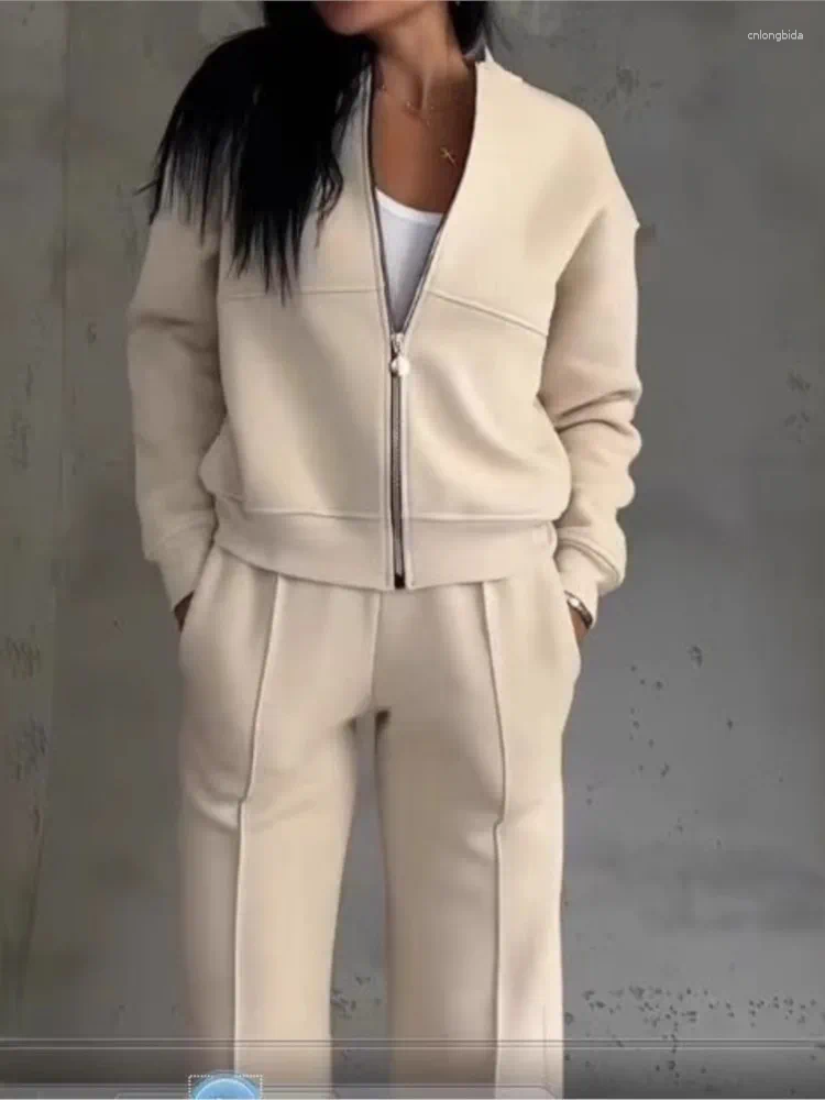 Womens Two Piece Pants Autumn Winter Female Loose Tracksuit Zipper Sweatshirt Coat Straight Pant Sports Suit Solid Color Casual Comfortable
