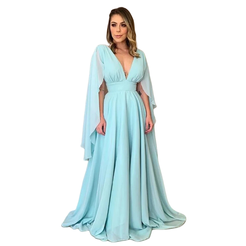 Mint Chiffon A-Line Long Prom Dresses Deep V-neck Open Back Cape Sleeves Floor Length Simple Special Occasion Dress Empire Waist Formal Gown For Women