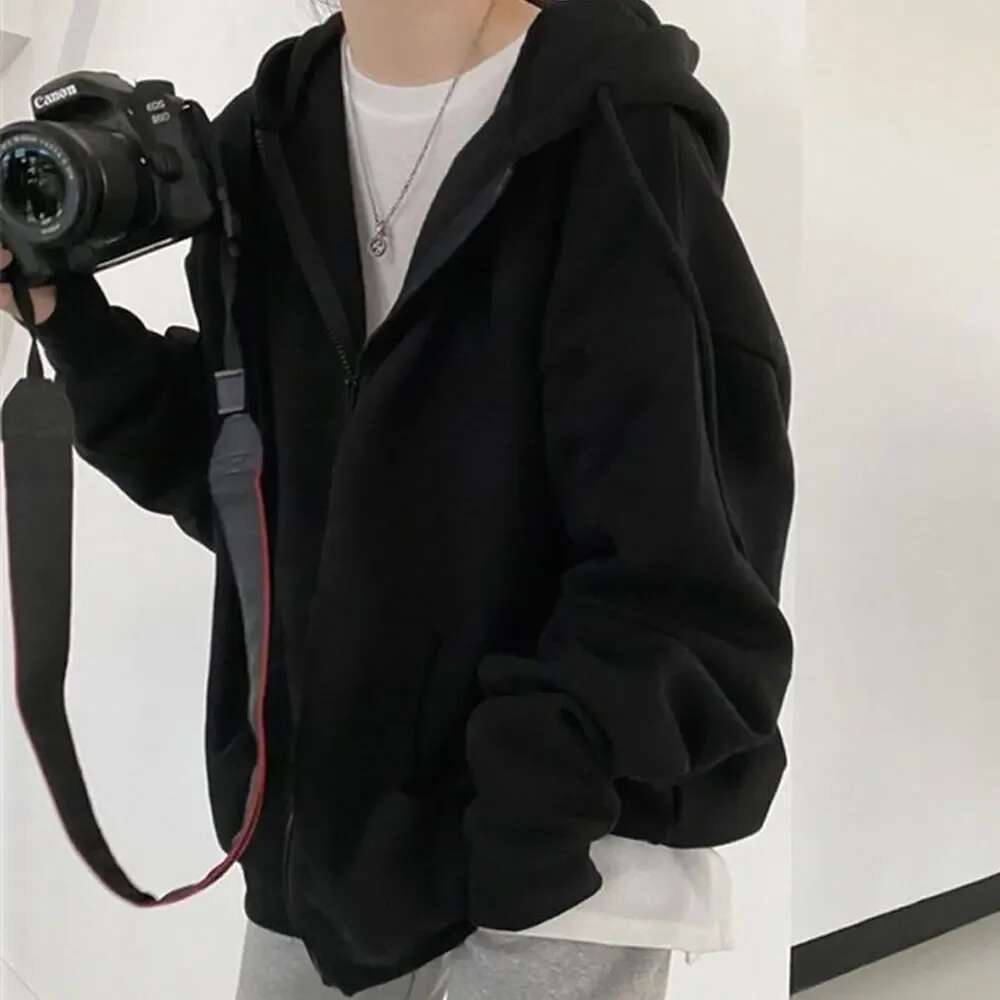Women Solid Hoodies Coat Haruku Basic Long Sleeve Spring Autumn Loose Zip Up Casual Oversized Sweatshirts Jacket With Pocket