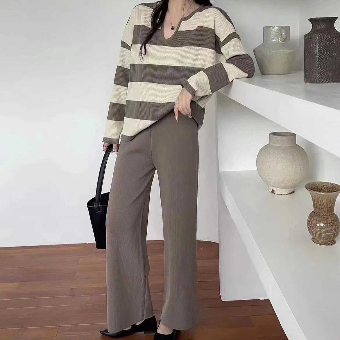 Casual Elegant Knitted 2-pieces V-neck Striped Long Sleeved Top Wide Leg Solid Loose Pants In Mathing Set Women Trend 250218