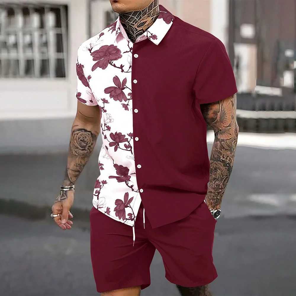 Mens 2 Piece Hawaiian Outfits Short Sleeve Button Down Shirts And Shorts Set Beach Tracksuits New Patchwork Colors Lapel ShirtXJ250218