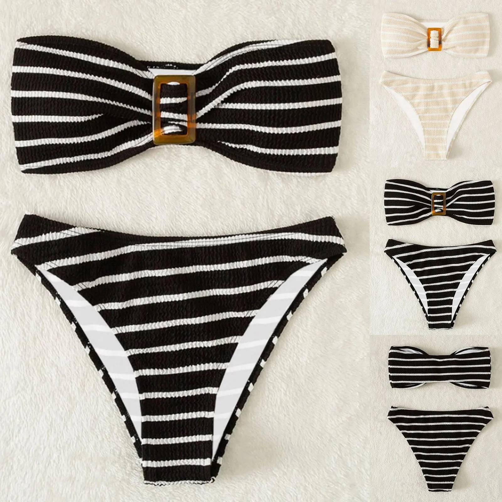 Womens ribbon bikini color lock cut swimsuit sports twopiece set womens summer beach 250219