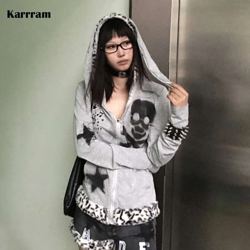 Karrram Japanese Y2k Rabbit Ears Jacket Gothic Skull Print Hooded Outerwear Vintage Haruku Zipper Sweatshirt Grunge Aesthetics