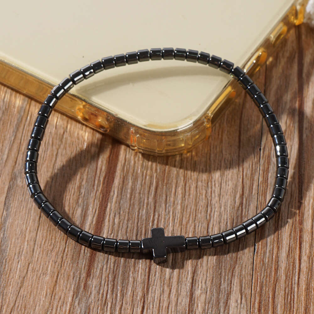Gun colored cydrical black gallstones handmade men's cross elastic rope bracelet