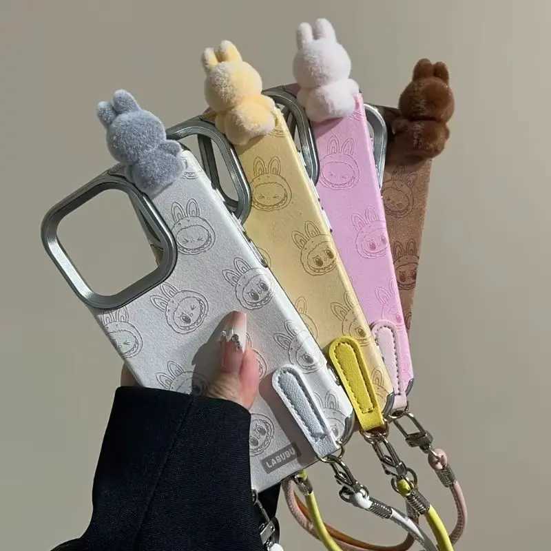 New Arrival New trendy doll Labubu anti-fall phone case 3D plush flocking doll non-cold hand anti-fall phone case Iphone 16/15 pro O250219