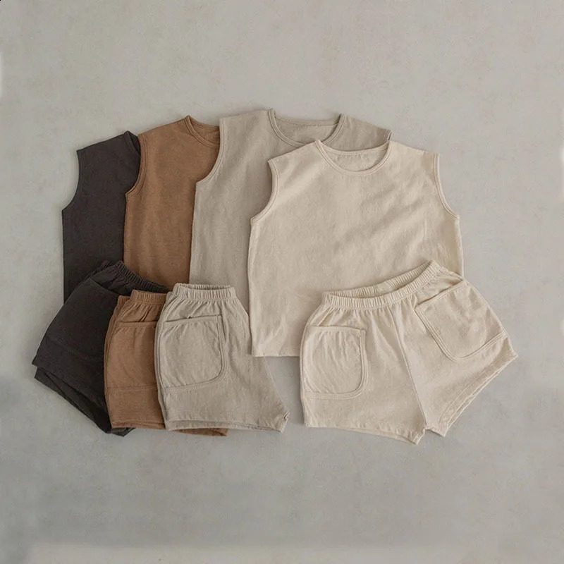 Summer Baby Boys Tank Top Tees Shorts Set 100% Cotton Solid Vest Shorts Toddler Two Pieces Sets 250218