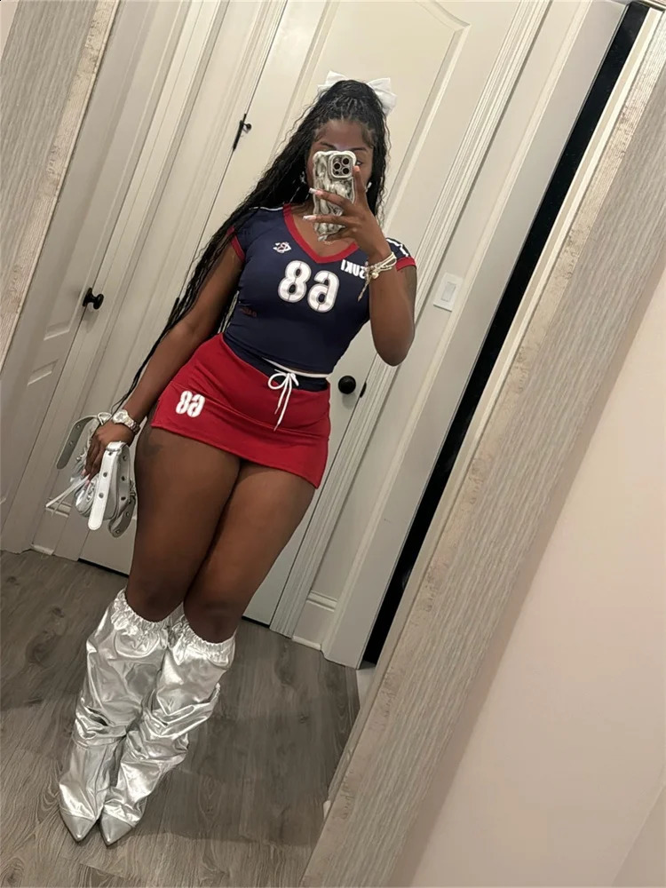 kliou Panelled Casual Women 2 Piece Set Summer Tracksuits Short Sleeve V-neck T-shirtsSolid Bandage Mini Skirts Female Outfits 250218